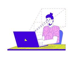 Eye tracking software 2D illustration concept. Caucasian man looking at laptop cartoon character isolated on white. Eye recognition. Gaze tracker technology metaphor abstract flat graphic vector