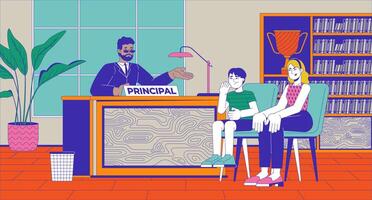 School principal with bully and his mother cartoon flat illustration. Teacher and parent discussing student behavior 2D characters colorful background. Education scene storytelling image vector