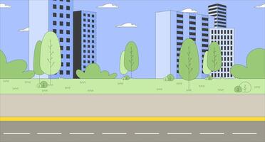 Highway city life cartoon flat illustration. Empty road asphalt 2D cityscape colorful background. Downtown district skyscrapers. Trees highrise buildings skyline scene storytelling image vector