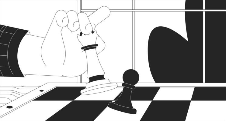 Chess strategy in business black and white 2D illustration concept. Queen chess piece defeating pawn outline cartoon. Checkmate game. Strategic chessboard match metaphor monochrome art