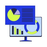 Computer analyzing data 2D cartoon object. Pie chart graph. Tech analytics desktop monitor isolated flat element white background. Piechart infographic technology color spot illustration vector