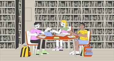 Elementary kids group assignment cartoon animation. Diverse schoolkids doing homework together in library 4K motion graphic. Preteen primary 2D animated characters on bookshelves background vector