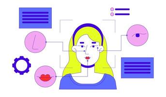 Facial coding technology 2D illustration concept. Identifying nose, mouth, eyes of caucasian woman cartoon character isolated on white. Face biometrics security metaphor abstract flat graphic vector