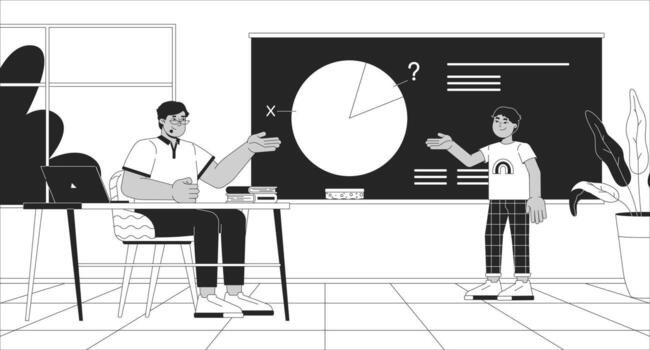 Student solving math problem with teacher at blackboard black and white line illustration. Tutor helping boy to learn lesson 2D characters monochrome background. School class outline image vector