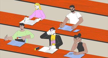 Lecture hall with students cartoon animation. University graduate freshmen college life 4K motion graphic. Diverse audience auditorium 2D animated characters on amphitheater classroom background vector