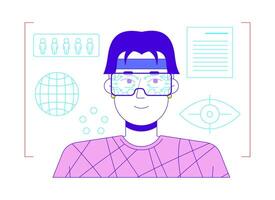 VR data analytics cartoon flat illustration. Augmented reality headset man asian 2D character isolated on white background. Future technology. Data analysis in virtual reality scene color image vector