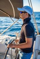 Young man captain stands at the helm and controls a sailboat during a journey by sea. High quality photo