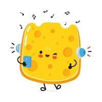 Cheese listens to music on headphones with a smartphone. hand drawn cartoon kawaii character illustration icon. Isolated on white background. Cheese character concept vector