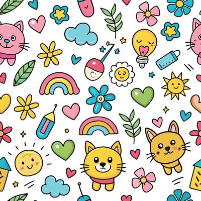 Cute kid scribble doodle icons seamless pattern. Sun flower heart cat dog rainbow cloud smile elements sign and symbols in children drawing style