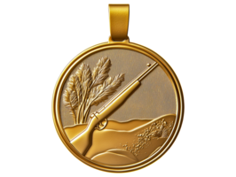 A gold medal with a rifle and wheat field png