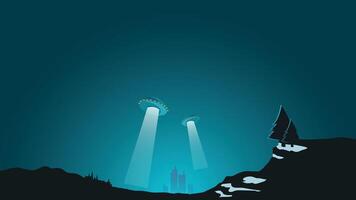 Alien UFO is visiting Earth at night abstract landscape background vector