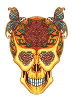 Art fancy sugar skull set with gems hand watercolor painting on paper and make graphic . vector