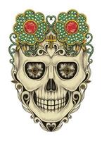 Fancy sugar skull day of the dead mix vintage and gems hand drawing on paper and make graphic . vector