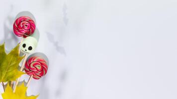 lollipops, decorative scull and autumn leaves with bats shadows and copy space photo