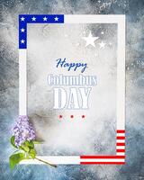 White frame and a fresh sprig of lilac on a blue textured background with copy space photo
