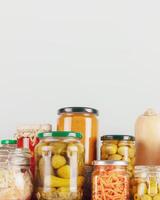 Fermented vegetables and mushrooms in jars placed in row with copy space photo