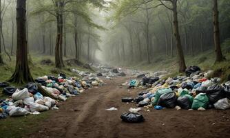 Garbage in meadow. Rubbish, trash left after picnic. People illegally throw garbage into forest. Illegal garbage dump in nature. Dirty environment garbage polluting near footpath in photo
