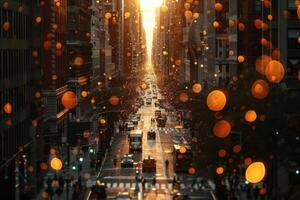 As the sun sets, holographic designs adorn the cityscape, casting a warm glow on the lively streets filled with vehicles and pedestrians. photo