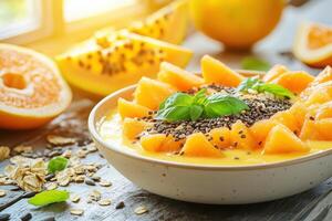 A bowl brimming with a colorful smoothie, topped with fresh fruit pieces, seeds, and a green garnish, captures the essence of a healthy breakfast. photo
