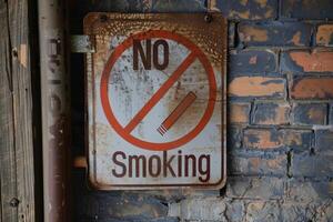 A close-up display of a weathered no smoking sign mounted on a rustic brick wall, emphasizing the importance of smoke-free environments. photo
