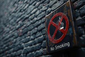 A close-up view showcases a weathered No Smoking sign prominently displayed against a rough brick background. photo