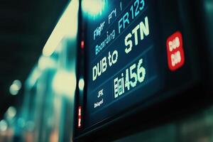A digital boarding display highlights flight details, including destinations and statuses, creating an atmosphere of anticipation in the airport. photo