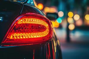 A striking close-up showcases the illuminated tail light, reflecting the lively colors of the city as twilight descends. photo