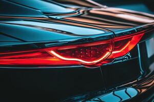 A brilliant tail light glows in the twilight, showcasing the sleek design and luxurious appeal of an elegant vehicle. photo