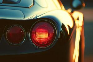 A luxurious vehicles rear tail light illuminates, showcasing a blend of sleek design and warm sunset reflections. photo