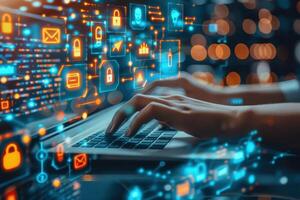 Fingers dance across a keyboard as vibrant icons illuminate the background, creating an energetic digital atmosphere. photo