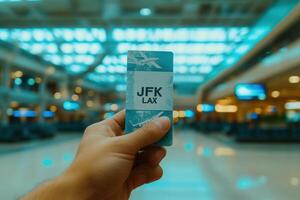 A hand grips an airline ticket, showcasing the destination while vibrant terminal lights create a lively atmosphere. photo