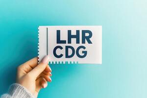 A hand with neatly manicured nails holds a white rectangular ticket with LHR CDG printed in dark blue bold letters. The ticket is held against a light blue background. photo