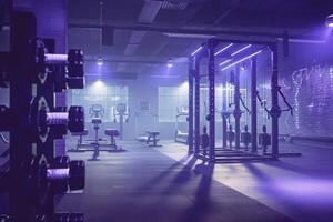 A sleek, high-tech home gym features advanced equipment illuminated by purple lighting, creating an innovative fitness environment. photo