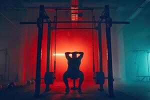 A person exercises in a futuristic home gym, surrounded by vibrant lighting and holographic technology, creating a captivating atmosphere for fitness. photo