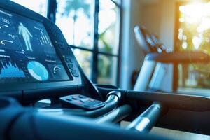 A sleek home gym features advanced technology, including a holographic interface for monitoring workouts and a bright, welcoming atmosphere. photo