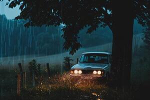 A classic car stands still beneath a leafy tree as rain pours down, creating a tranquil atmosphere at twilight. photo