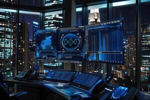 A sleek workspace illuminated by city lights showcases advanced technology with a holographic calendar in play. photo