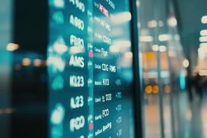 A digital display showcases flight information, revealing destinations and statuses amid an active airport atmosphere. photo