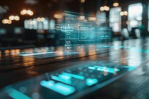An advanced workspace showcases a holographic calendar hovering above a wooden desk, blending technology with modern design, illuminated by ambient lighting. photo