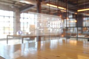 Bright light fills a modern workspace adorned with a high-tech holographic calendar, creating an inspiring atmosphere. photo