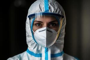 A dedicated medical professional, clad in full protective suit and mask, prepares for crucial work in a healthcare setting. photo
