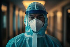 A dedicated healthcare worker appears resolute, donned in full protective attire, preparing to face the challenges ahead. photo