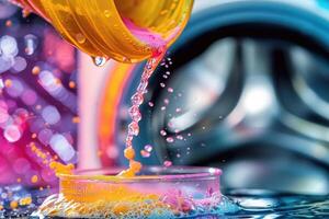 A lively laundry room bursts with color as vibrant liquid cascades into a container, surrounded by bubbles and washing machines. photo