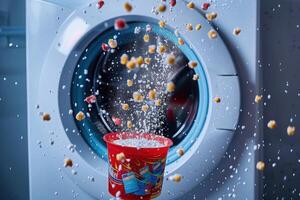 Bubbles and vibrant, colorful detergent explode as they are poured into a washing machine, creating a lively atmosphere. photo