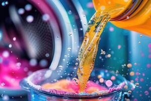 Detergent cascades into a bright wash basin, creating a burst of vibrant bubbles against a backdrop of laundry equipment. photo