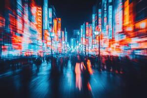 Neon lights illuminate the bustling streets of Tokyo at night, with lively crowds weaving through vibrant colors and electric energy. photo