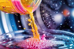 Bright hues of yellow and pink cascade into a basin, creating a playful splash as sunlight filters through the space. photo