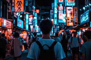 Beneath vibrant neon lights, people wander through Tokyos bustling streets, enjoying the citys electric nightlife. photo