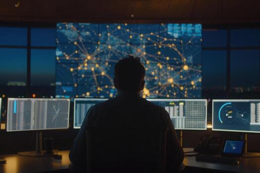 A professional seated in a cutting-edge workspace, immersed in data analysis while a vibrant digital display showcases interconnected networks. photo