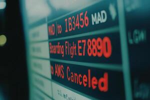 Travelers navigate a bustling airport check-in area as canceled flight announcements flash on the display board. photo